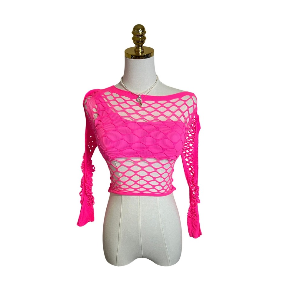 Neon Pink Fishnet Mesh Long Sleeve Crop Top & Ribbed 1 Shoulder 2 Piece Set top